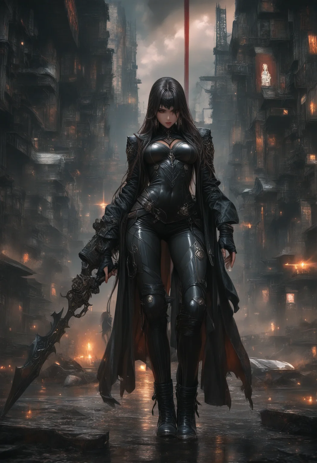 Techwear fashion masterpiece, high score, great score, absurdres, standing in front of a pillar [6],a detailed painting,<lora:Anne Stokes CLIP2-000005:1>,Anne Stokes,a fine art painting, . Futuristic, cyberpunk, urban, tactical, sleek, dark, highly detailed