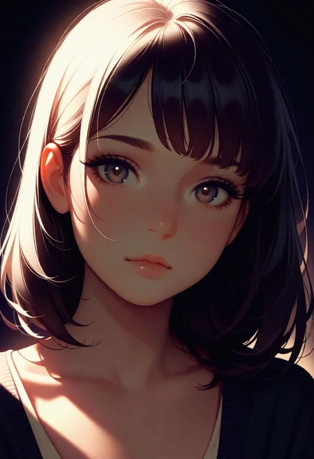 masterpiece, best quality, amazing quality, very aesthetic, flat colors, (artist:Tsuaii:1),
1girl, close up portrait, looking at viewer,
Dark lighting, shadow, light,