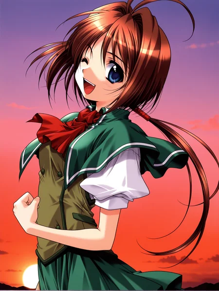 masterpiece,best quality,newest,
1girl,solo,
<lora:wakatsuki_kotomi_ilxl_v1.0:1>,w_kotomo,ahoge,brown hair,blue eyes,low ponytail,long hair,
k_clothes,green capelet,ascot,green vest,puffy short sleeves,green pleated skirt,
<lora:Fixhands_anime_bdsqlsz_V1:1>,cowboy_shot,simple_background,laughing,clenched hand,one eye closed,profile,looking_at_viewer,sunset,white clouds,