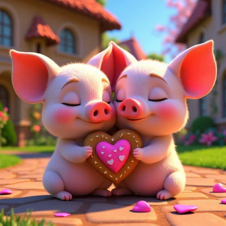 A romantic Pixar cartoon image, close-up of the faces of two piglets huddled together, their eyes closed, and their noses shaped like hearts:1.4), (patch are heart-shaped:1.4). They hold a heart-shaped gingerbread in their paws.. Little hearts are flying around. A Pixar cartoon frame. Fairy glade background