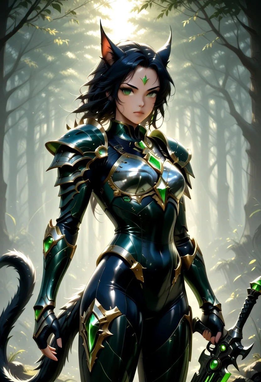 armra, bodysuit, black hair, tail, weapon, shoulder armor, pauldrons, breastplate, green eyes