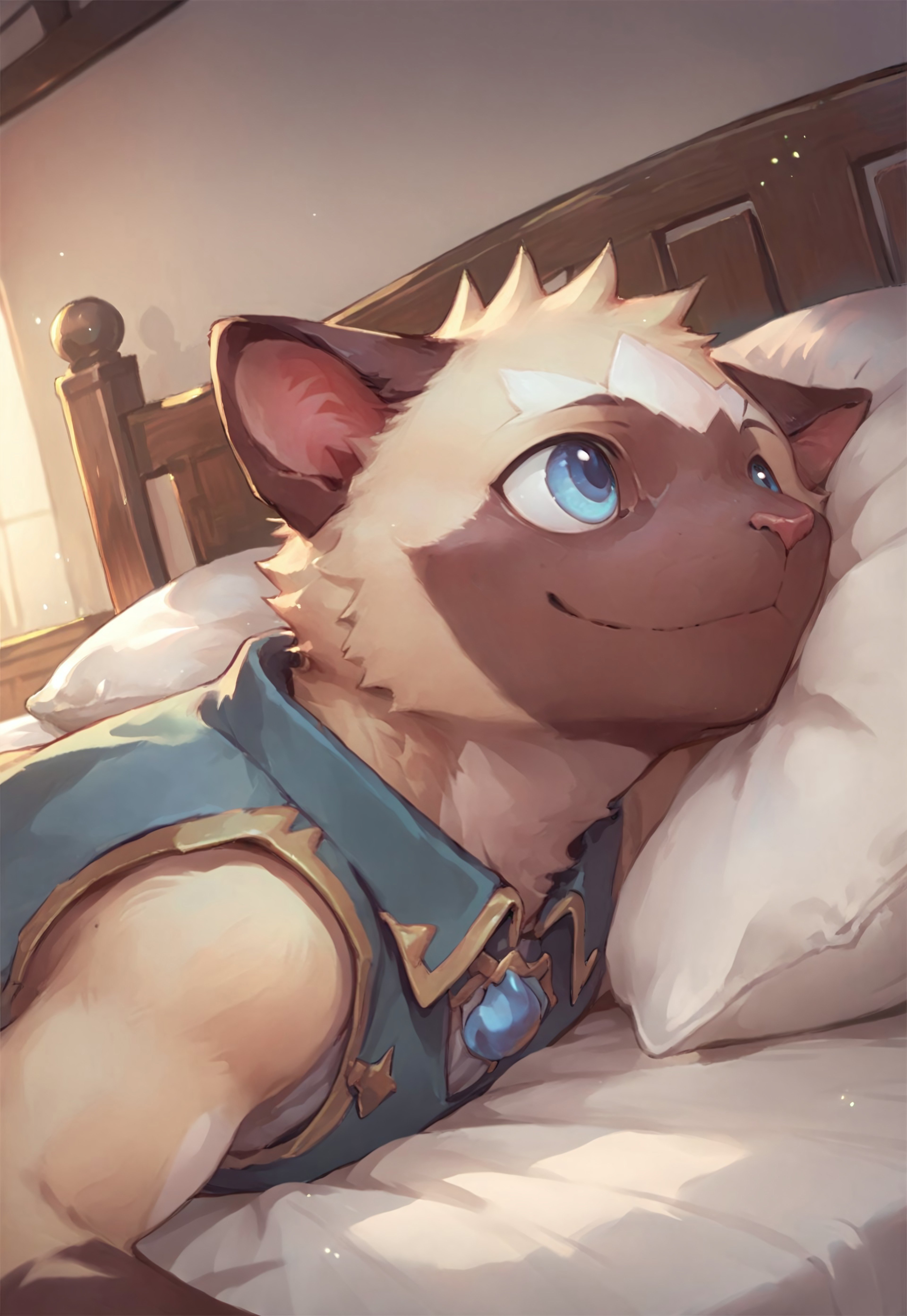 score_9, score_8_up, score_7_up, source_anime, furry, 1boy, solo, cyrus, cat boy, blue eyes, smile, ((lying flat on bed:1.3)), looking up, vest, ((from side, side view, face focus:1.5, close-up))