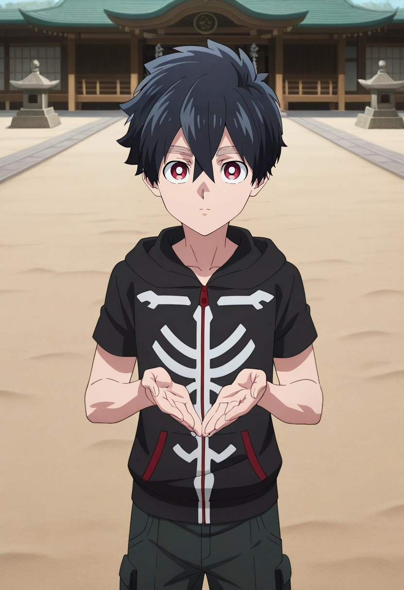 masterpiece, best quality, , anime screencap, anime coloring, official style, looking at viewer, 1boy, solo, male focus, <lora:kabane_kusaka_ilxl:0.94>, kabane_kusaka, black hair, red eyes, short hair, hair between eyes, kusaka kabane, hoodie, zen temple, sand gardens, stone courts, meditation halls, peaceful pose, tranquil expression, dawn, Convertible cargo pants, Cardigan, , , and