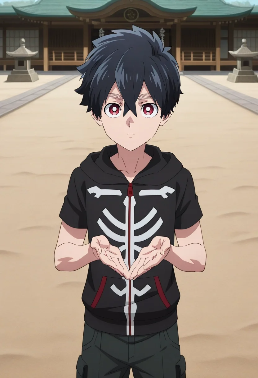 masterpiece, best quality, , anime screencap, anime coloring, official style, looking at viewer, 1boy, solo, male focus, <lora:kabane_kusaka_ilxl:0.94>, kabane_kusaka, black hair, red eyes, short hair, hair between eyes, kusaka kabane, hoodie, zen temple, sand gardens, stone courts, meditation halls, peaceful pose, tranquil expression, dawn, Convertible cargo pants, Cardigan, , , and
