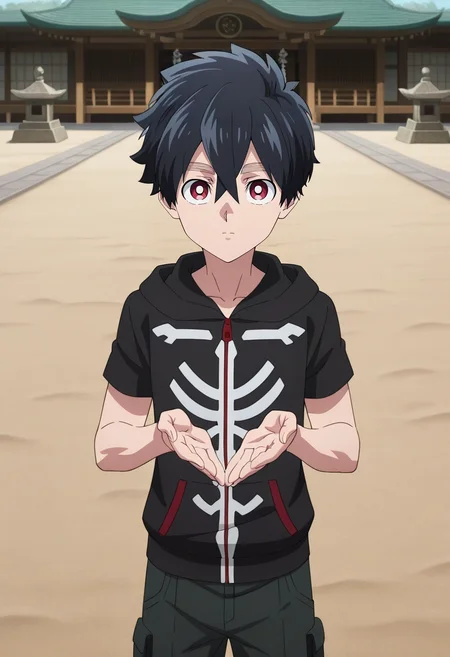 masterpiece, best quality, , anime screencap, anime coloring, official style, looking at viewer, 1boy, solo, male focus, <lora:kabane_kusaka_ilxl:0.94>, kabane_kusaka, black hair, red eyes, short hair, hair between eyes, kusaka kabane, hoodie, zen temple, sand gardens, stone courts, meditation halls, peaceful pose, tranquil expression, dawn, Convertible cargo pants, Cardigan, , , and