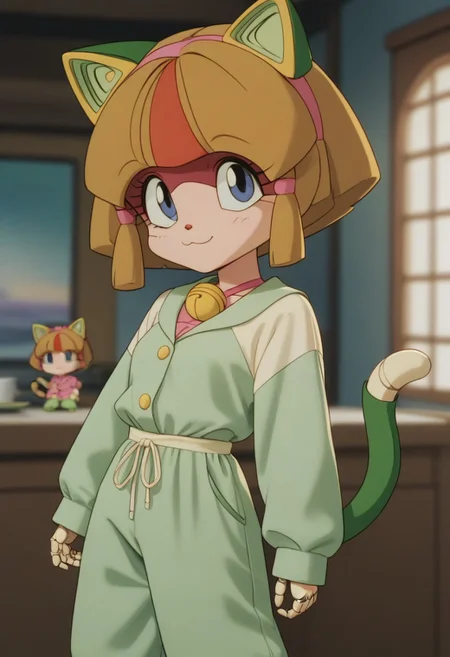 1girl, solo, (Otama, cat girl, ((android)), doll joints, petite), score_9, score_8_up, score_7_up, score_6_up, score_5_up, score_4_up, chibi, short legs, cat tall, looking at viewer, 3/4 side view, slightly smil, medium breasts, thin waist, smile, blue eyes, blurry background, out of focus, Expressiveh, looks at the viewer, jyojifuku, pajamas, baggy pajama pants,
