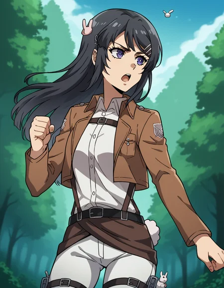 score_9, score_8_up, score_7_up, source_anime, maisakurajima, <lora:mai-sakurajima-s1-ponyxl-lora-nochekaiser:1> mai sakurajima, long hair, bangs, black hair, hair ornament, purple eyes, hairclip, rabbit hair ornament, medium breasts,, <lora:paradis-military-uniform-ponyxl-lora-nochekaiser:1>, paradis military uniform, belt, cloack, cropped jacket, emblem, green cloak, jacket, long sleeves, pants, shirt, thigh strap, uniform, white pants, white shirt, brown jacket,, outdoors, forest, nature, fighting stance, open mouth, floating, flying,, cowboy shot, dutch angle, solo,