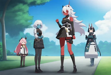 masterpiece, best quality,,detailed_background,outdoors,sunlight,closed eyes,open mouth,colored skin,tsukishiro yanagi,sky,full body,tree,horns,smile,red skin,hair between eyes,sidelocks,multiple girls,siblings,chibi,blue skin,3girls,zenless zone zero,blush,sisters,bezthebez8,highres,soukaku \(zenless zone zero\),pink hair,oni,outdoors,single horn