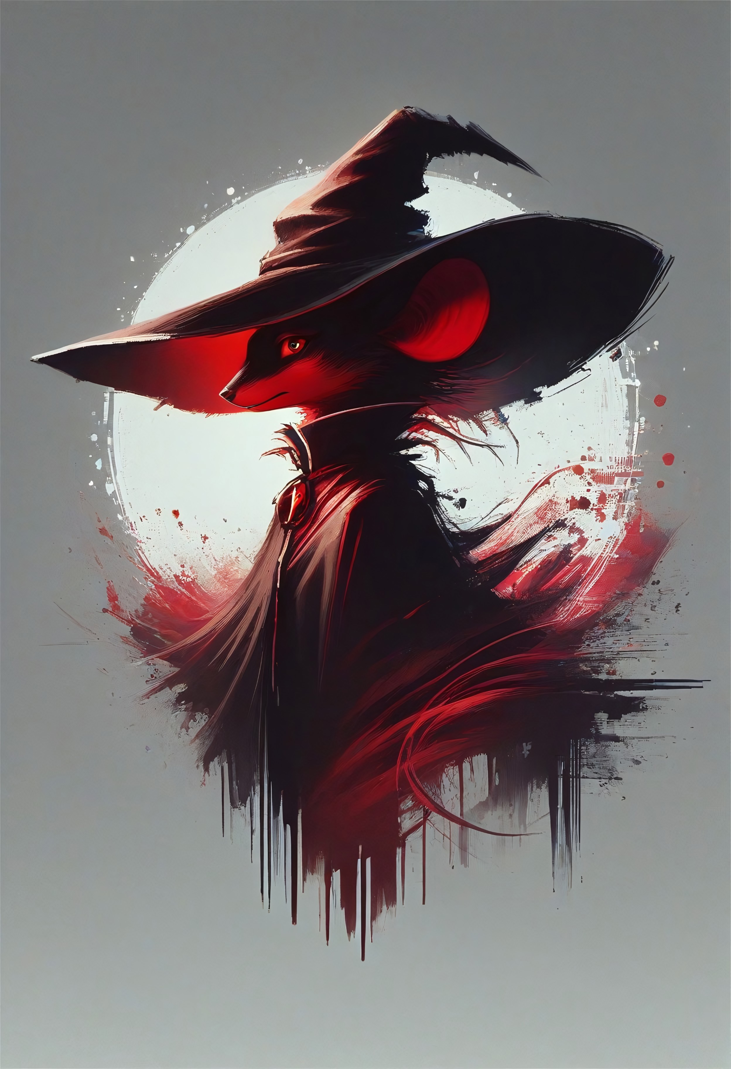 score_9, score_8_up, score_8, solo, (fluffy:0.8), (feral), (furry:0.5) (((mouse))), female, claws, (fluffy cheeks:0.7), (black dress), grey fur, black ears, red eyes, (solo), night, dark, (witch hat, holding magical staff), monochromemuse, monochrome, greyscale, mad-wsps, j_cartoon, look at viewer, side view, (art nouveau), upper body focus, (silhouette), glitch style, (red:3)