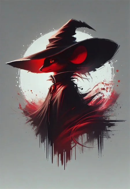 score_9, score_8_up, score_8, solo, (fluffy:0.8), (feral), (furry:0.5) (((mouse))), female, claws, (fluffy cheeks:0.7), (black dress), grey fur, black ears, red eyes, (solo), night, dark, (witch hat, holding magical staff), monochromemuse, monochrome, greyscale, mad-wsps, j_cartoon, look at viewer, side view, (art nouveau), upper body focus, (silhouette), glitch style, (red:3)