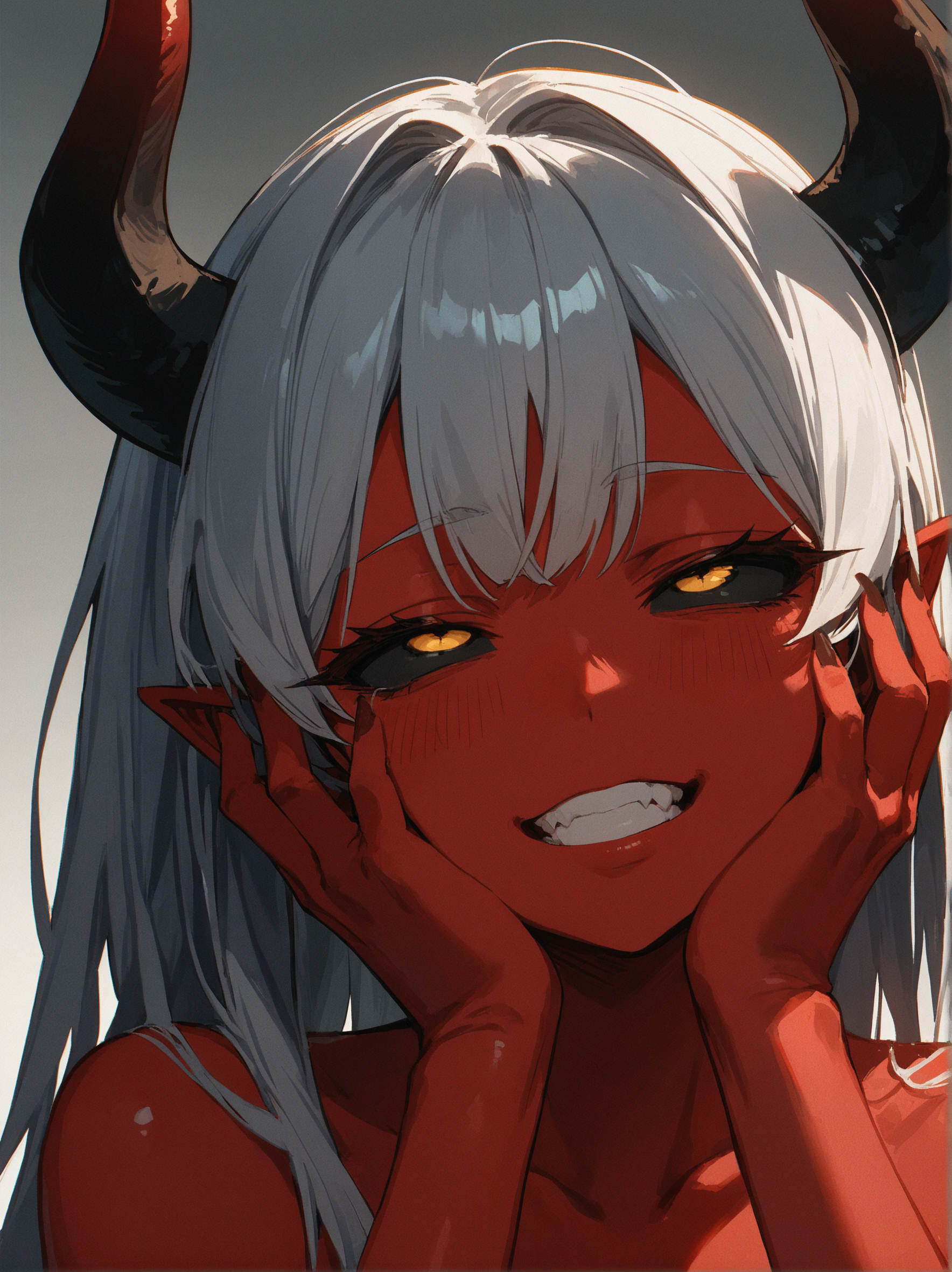 score_9, score_8_up, score_7_up,  source_anime,( close-up:0.8), 
1girl, demon girl, horns, covered nipples,  red skin, black sclera, hands on own face, rolling eyes