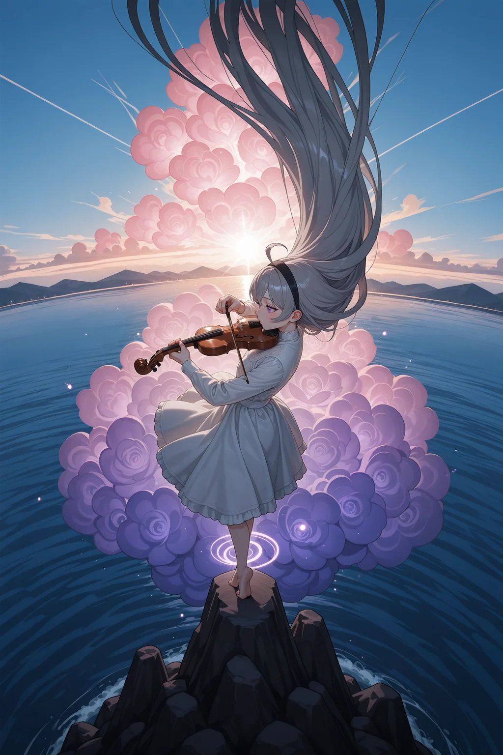 <lora:Han_YueBattle_Through_the_HeavensIllustrious:0.6> grey hair, purple eyes, very long hair, white dress, long sleeves, black hairband, ahoge, playing violin, side view, dynamic pose, <lora:Lifeline_Style_V2_Illu_Edition:0.8>, llv2-illu, <lora:standing_on_the_edge:1> 5t4nd1ng_0n_3dg3, flowers, glowing clouds, sunlight, godrays, from above, scenary, wide angle, mountains, wide angle, ocean,