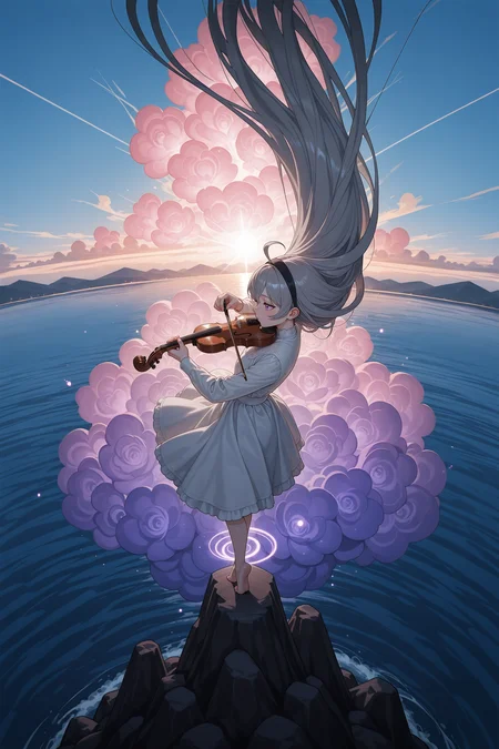 <lora:Han_YueBattle_Through_the_HeavensIllustrious:0.6> grey hair, purple eyes, very long hair, white dress, long sleeves, black hairband, ahoge, playing violin, side view, dynamic pose, <lora:Lifeline_Style_V2_Illu_Edition:0.8>, llv2-illu, <lora:standing_on_the_edge:1> 5t4nd1ng_0n_3dg3, flowers, glowing clouds, sunlight, godrays, from above, scenary, wide angle, mountains, wide angle, ocean,