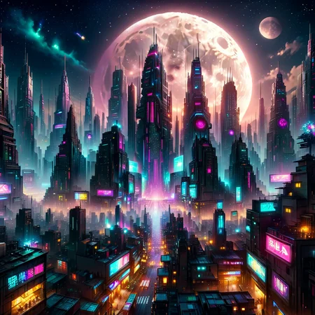 Masterpiece,8k,absurd resolution,I
ImaginaryCityScapes,cyberpunk city,outdoors,sky,no humans,night,glowing,moon,building,star (sky),night sky,scenery,full moon,starry sky,science fiction,city,fantasy,city lights,neon lights,city scapes,
,<lora:City_scapes_XL:0.6>