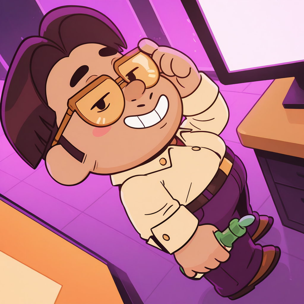 masterpice, amazing quality, best quality, colorful, detailed background, <lora:bs-jaeyoung-v1-09:1> bs-jaeyoung, chibi, plump, 1boy, white shirt, red t-shirt, belt, purple pants, brown footwear, office, adjusting eyewear, smile, holding bottle, perspective, from above, half-closed eyes, dynamic angle, from side, looking at viewer,