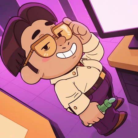 masterpice, amazing quality, best quality, colorful, detailed background, <lora:bs-jaeyoung-v1-09:1> bs-jaeyoung, chibi, plump, 1boy, white shirt, red t-shirt, belt, purple pants, brown footwear, office, adjusting eyewear, smile, holding bottle, perspective, from above, half-closed eyes, dynamic angle, from side, looking at viewer,