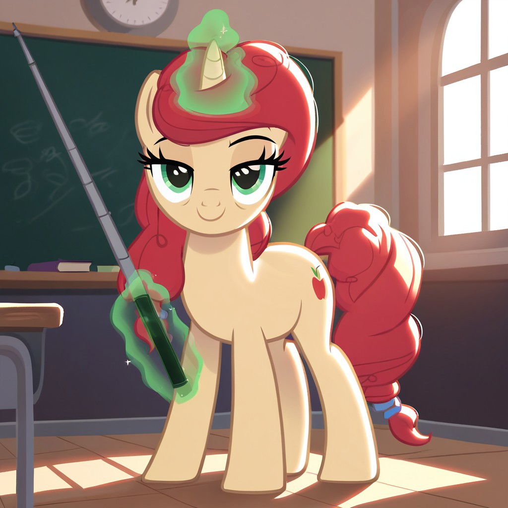 score_9, score_8_up, score_7_up, score_6_up, score_5_up, score_4_up, Fair Devotion, pony, unicorn, terracotta mane and tail, green eyes, light tan fur, show accurate, solo, cute, beautiful, best high quality, high res, inside, school, classroom, standing, books, teacher, apple, chalkboard, green magic, green aura, magical aura, telekinesis, pointer stick, holding stick with magic, looking at you, confident, smiling, lidded eyes, window, sunlight