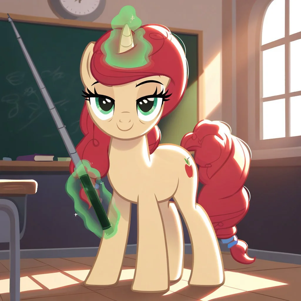 score_9, score_8_up, score_7_up, score_6_up, score_5_up, score_4_up, Fair Devotion, pony, unicorn, terracotta mane and tail, green eyes, light tan fur, show accurate, solo, cute, beautiful, best high quality, high res, inside, school, classroom, standing, books, teacher, apple, chalkboard, green magic, green aura, magical aura, telekinesis, pointer stick, holding stick with magic, looking at you, confident, smiling, lidded eyes, window, sunlight