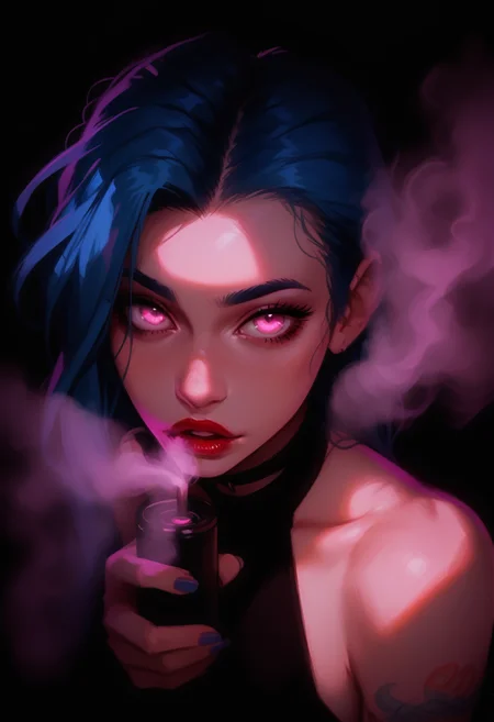 jinx, a woman with blue hair and a black top, 1girl, solo, long hair, bangs, parted lips, choker, shiny, gradient background, red lips, <lora:sdxl_arcane_pony_v1-2_mx:0.05>, <lora:sdxl_jinxPonyLora:0.2>, <lora:sdxl_S1_Dramatic_Lighting_v2:0.5>, vaping, smoke, pink smoke, glowing pink eye, cloud, fog, cloudchaser, vape, holding device, from above, blowing smoke, <lora:sdxl_Cloudchaser_pony:0.1>, looking at viewer, looking at camera, open mouth, arm tatoo, <lora:sdxl_StS_age_slider_v1_initial_release:1>, glossy lips, seductive, glossy lips, succubus, (from above), small nose, <lora:sdxl_real_model2:0.5>, blue nails, gorgeous, supermodel, <lora:sdxl_ponyv4_noob1_2_adamW-000017:1>, <lora:sdxl_DarkerThanDarkV1:0.8>, underlight, black background, simple background, <lora:sdxl_Underlighting Underlight light from below style:0.5>, <lora:sdxl_longneck-v2.1:-1>, chiaroscuro, harsh light, film grain, blurry background, depth of field, score_9, score_8_up, score_7_up, score_6_up, score_5_up, score_4_up, <lora:sdxl_princess_xl_v2:0.2>, <lora:sdxl_incase_style_v2_ponyxl_ilff:0.4>, <lora:sdxl_g0th1cPXL:0.3> , <lora:sdxl-Expressive_H-000001:.3>