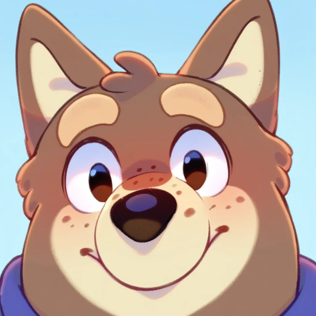 score_9, score_8_up, score_8, furry, Alfie, canine, brown/beige fur, freckles, cartoon style, 2d, furry male, solo, upper body focus, face close up, blue shirt, arms behind back, looking at viewer, smile, blush, blue background