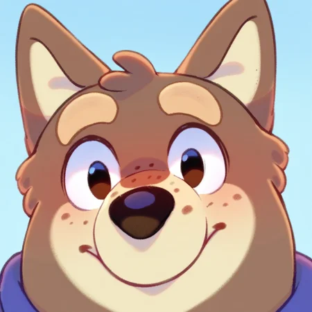 score_9, score_8_up, score_8, furry, Alfie, canine, brown/beige fur, freckles, cartoon style, 2d, furry male, solo, upper body focus, face close up, blue shirt, arms behind back, looking at viewer, smile, blush, blue background