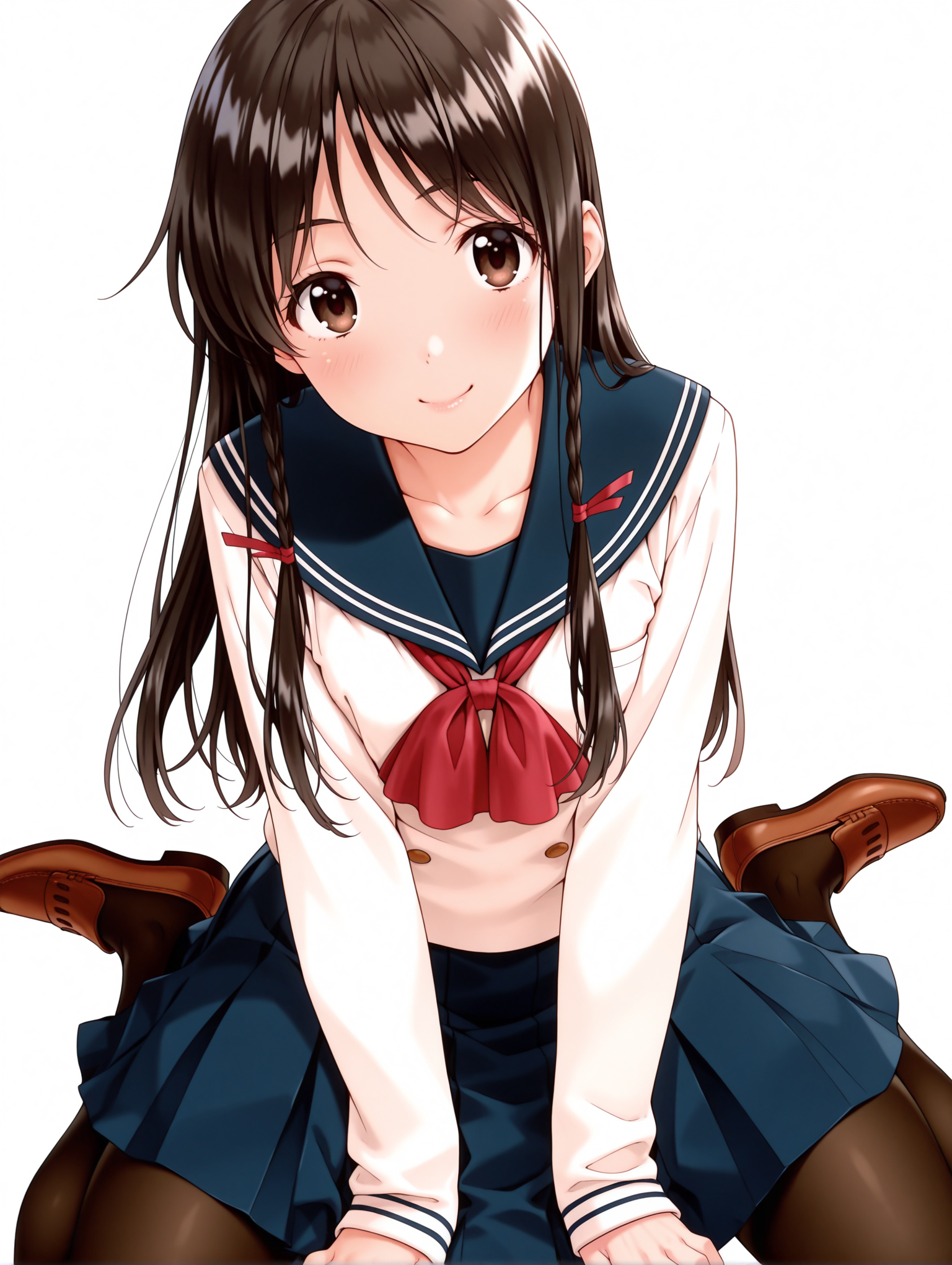masterpiece,best quality,amazing quality,
1girl,solo,
<lora:sugihara_manami_ilxl_v1.0:1>,s_manami,black hair,long hair,hair ribbon,twin braids,brown eyes,
s_manami,serafuku,long_sleeves,blue skirt,black_pantyhose,brown loafers,
<lora:Fixhands_anime_bdsqlsz_V1:1>,simple_background,white background,looking_at_viewer,full body,smile,wariza,