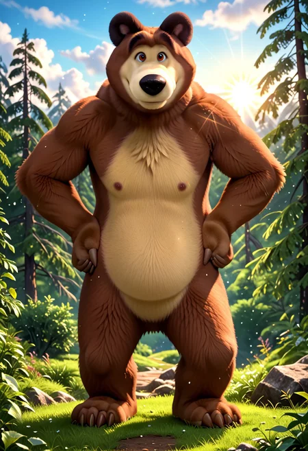 score_8, score_7, score_9_up, BodiPhantom, masterpiece, high quality, detailed, best quality, detailed background, detailed character, detailed character details, detailed face, detailed muzzle, dust, particles, practices, fluffy wool, fluffy fur, high quality, very high rendering, smooth lines, 4k, 8k, 16k, huge resolution, a lot of details, detailed fur, high budget, cinemascope, epic, gorgeous, film grain, grainy, high quality, detailed, high resolution, high quality, high resolution, furry character, 3DMM, solo
first character: "BodiPhantom, Mishka, Bear, Dark brown eyes, Brown, lighter on the belly, chest and face, the underside of the paws are also cream colored, the claws are a different shade of brown, while the ears and eyebrows are darker than the rest of the body";
BREAK
source_furry, adult, anthro, (((muscular))),
realistic, different wolves, different faces, detailed face, 
in the forest, trees, sun, meadow, clouds, detailed eyes, detailed fur, detailed anatomy, detailed every character, 
He stands at full height, legs spread, hands on hips, kind,