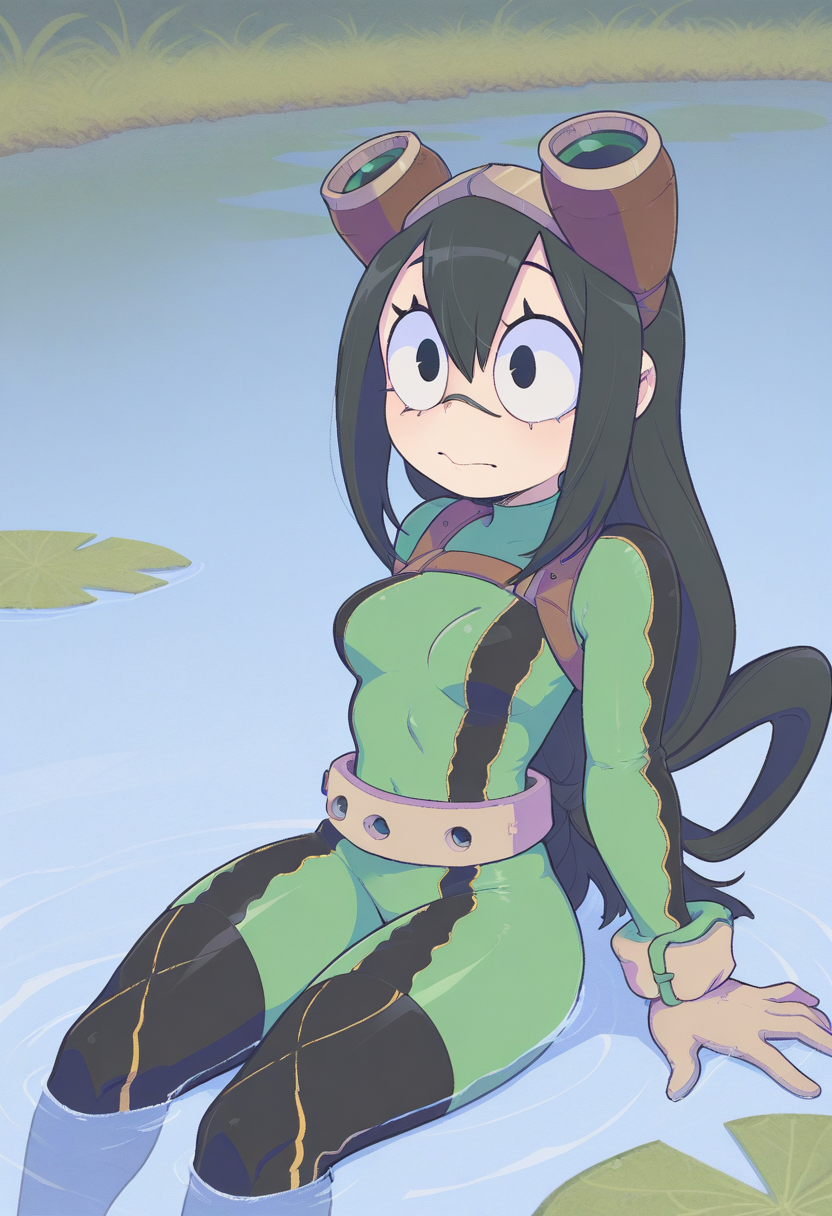 c4yf311style, masterpiece, best quality, solo,                                                                                                Tsuyu Asui,  textured, sitting in water, water pond,  sultry, big eyes, black hair, GREEN BODYSUIT, GOGGLES, small breasts,ird, wide eyes,