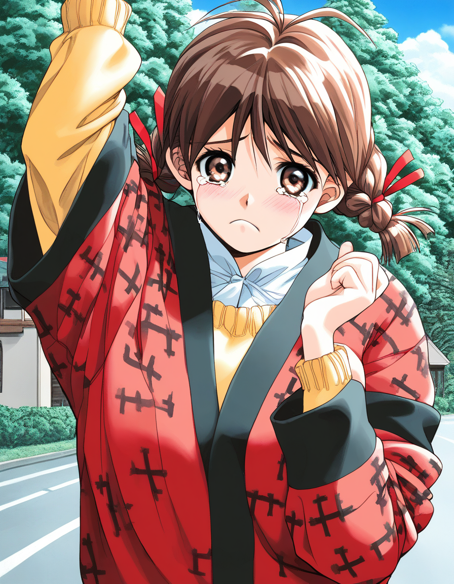 score_9, score_8_up, score_7_up, source_anime, rating_explicit, BREAK <lora:Nagashima_Kumiko_XL:1>Nagashima_Kumiko, brown hair, brown eyes, hair ribbon, red ribbon, twin braids, bangs, short twintails,
1girl, solo, tears, crying, day, outdoors, sweater, long sleeves, looking at viewer, yellow sweater, crying with eyes open, blush, building, upper body, sky, house, haori, outstretched arm, blue sky, arm up, tree, frown, road, antenna hair