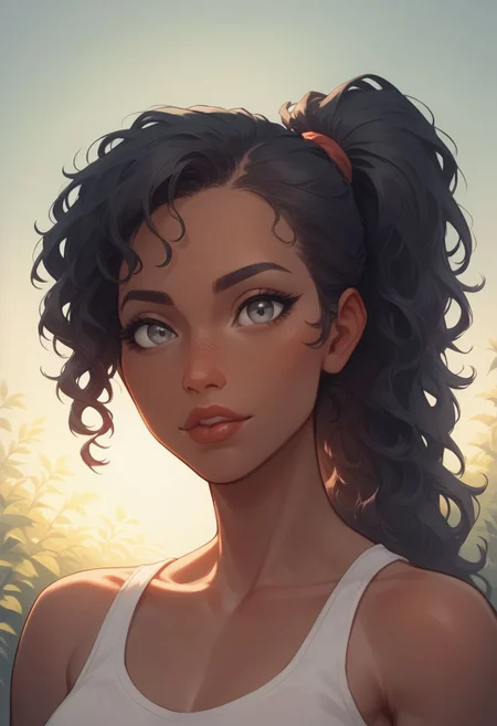score_9, score_8_up, score_8,
ScarlitXL,
1girl, solo,18 years old, black hair in messy ponytail, (full juicy lips),
grey eyes,
White tank top and red shorts,
eye contact, looking seductively at viewer,
aroused,
At an athletic field , sunshine,
full color, portrait,