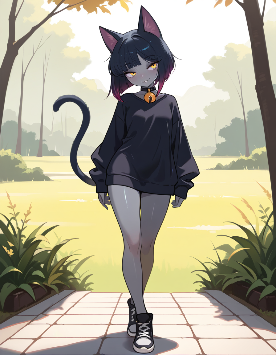 masterpiece, best quality, very aesthetic, absurdres,
outdoors, casual, 
full body, standing, posing,
seductive smile, parted lips, long eyelashes,
<lora:Agnes_v01_NAIXL:1>
4gn3s,1girl,solo,cat girl,cat ears,multicolored hair,bangs,bob cut,yellow eyes,neck bell,grey skin,cat tail,