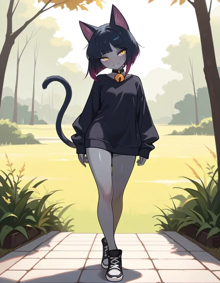 masterpiece, best quality, very aesthetic, absurdres,
outdoors, casual,
full body, standing, posing,
seductive smile, parted lips, long eyelashes,
<lora:Agnes_v01_NAIXL:1>
4gn3s,1girl,solo,cat girl,cat ears,multicolored hair,bangs,bob cut,yellow eyes,neck bell,grey skin,cat tail,