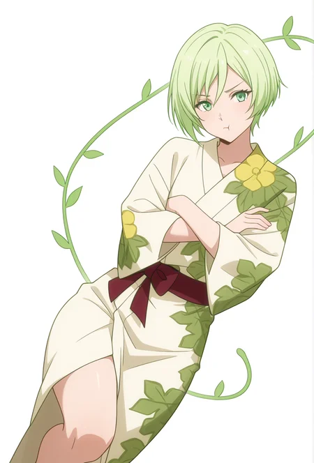 Smooth Quality,masterpiece,very intricate, high quality details, ultra realistic, high detailed skin,detailed enviorement,absurdres,
simple background, white background,solo,
dynamic angle,pout,dynamic pose, arms crossed, one leg bent, confident stance, slight head tilt, relaxed hands, ,
<lora:Trya_CNR:0.7> trya_cnr, 1girl,green hair, short hair, green eyes, androgynous, japanese clothes, kimono, yukata, white kimono, sash,vines,