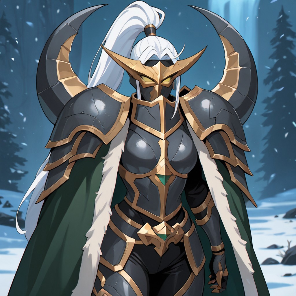 masterpiece, best quality, newest, absurdres, highres, 
anime, anime style,
1girl, NEPACK-Maiev-V1.1, armor, cape, green cape, mask,white hair, ponytail, high taied ponytail,