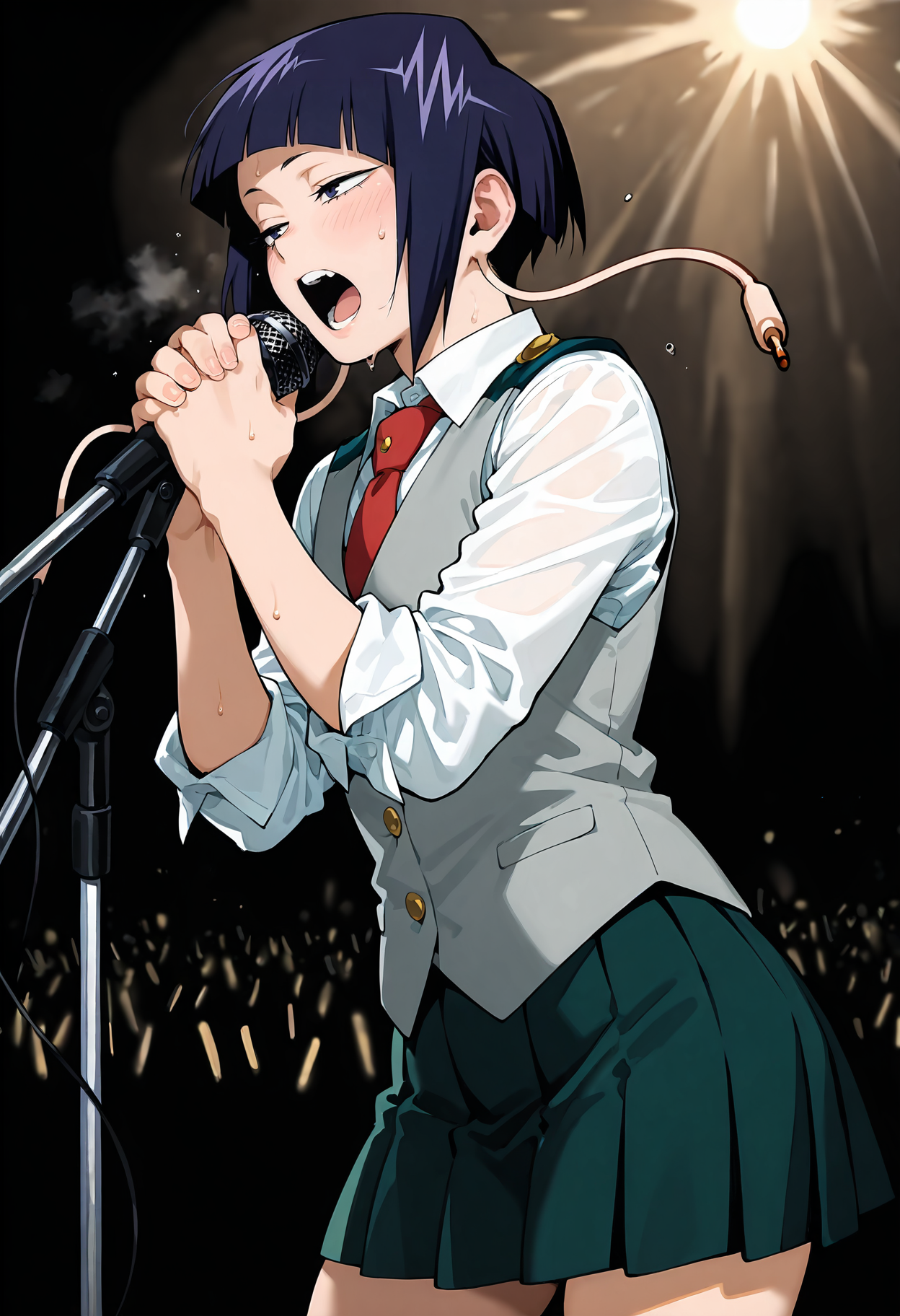 <lora:add-detail-xl:1>,masterpiece,best quality,absurdres,highres,detailed eyes,beautiful,detailed background,perfect eyes,realistic,
1girl,jirou kyouka,solo,short hair,microphone stand,microphone,skirt,open mouth,school uniform,necktie,music,blush,u.a. school uniform,singing,shirt,sweatdrop,sleeves rolled up,pleated skirt,own hands together,bangs,collared shirt,holding,teeth,buttons,blunt bangs,long earlobes,long sleeves,sweat,half-closed eyes,vest,cowboy shot,
<lora:jiro_kyoka:1>,jiro_kyoka,
