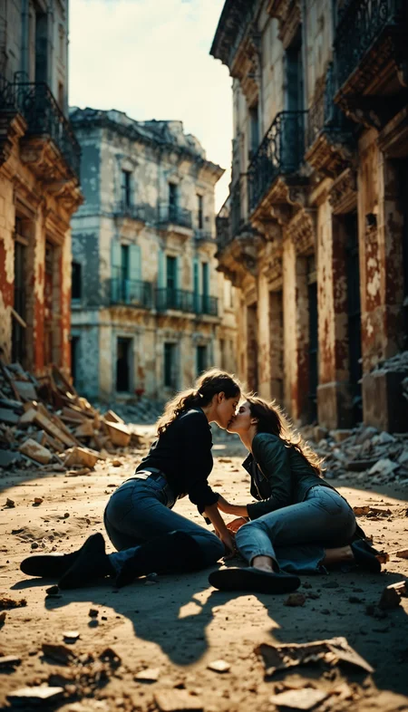 Ultrarealistic. sharp focus, dynamic lighting. play of light, high definition, Ultra detailed, drone shot, realistic, war torn buildings, two females lovers, kissing. on the ground. Lay down on the ground. War in background. Dirty clothes. Heartwarming scene