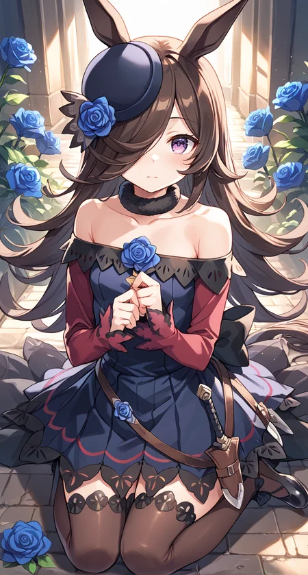 score_9,score_8_up,score_7_up,
official art,official style,game cg,megami magazine,
1girl,
rcs race,rice shower (umamusume),
animal ears,back bow,bangs,bare shoulders,belt,black bow,blue dress,blue flower,blue rose,
blush,brown hair,black legwear,brown thighhighs,collarbone,dagger,dress,dress bow,eyebrows visible through hair,
flipped hair,flower,fur choker,fur collar,hair flower,hair ornament,hair over one eye,
hat,hat flower,horse ears,horse girl,horse tail,knife,long hair,long sleeves,
off shoulder,off-shoulder dress,one eye covered,purple dress,purple eyes,purple headwear,rose,
sheath,sheathed,shoes,short dress,sleeves past wrists,tail,thigh-highs,thighhighs,
tilted headwear,very long hair,violet eyes,weapon,
standing,full body,
<lora:umamusume_rice_shower_pony_v1:1>,