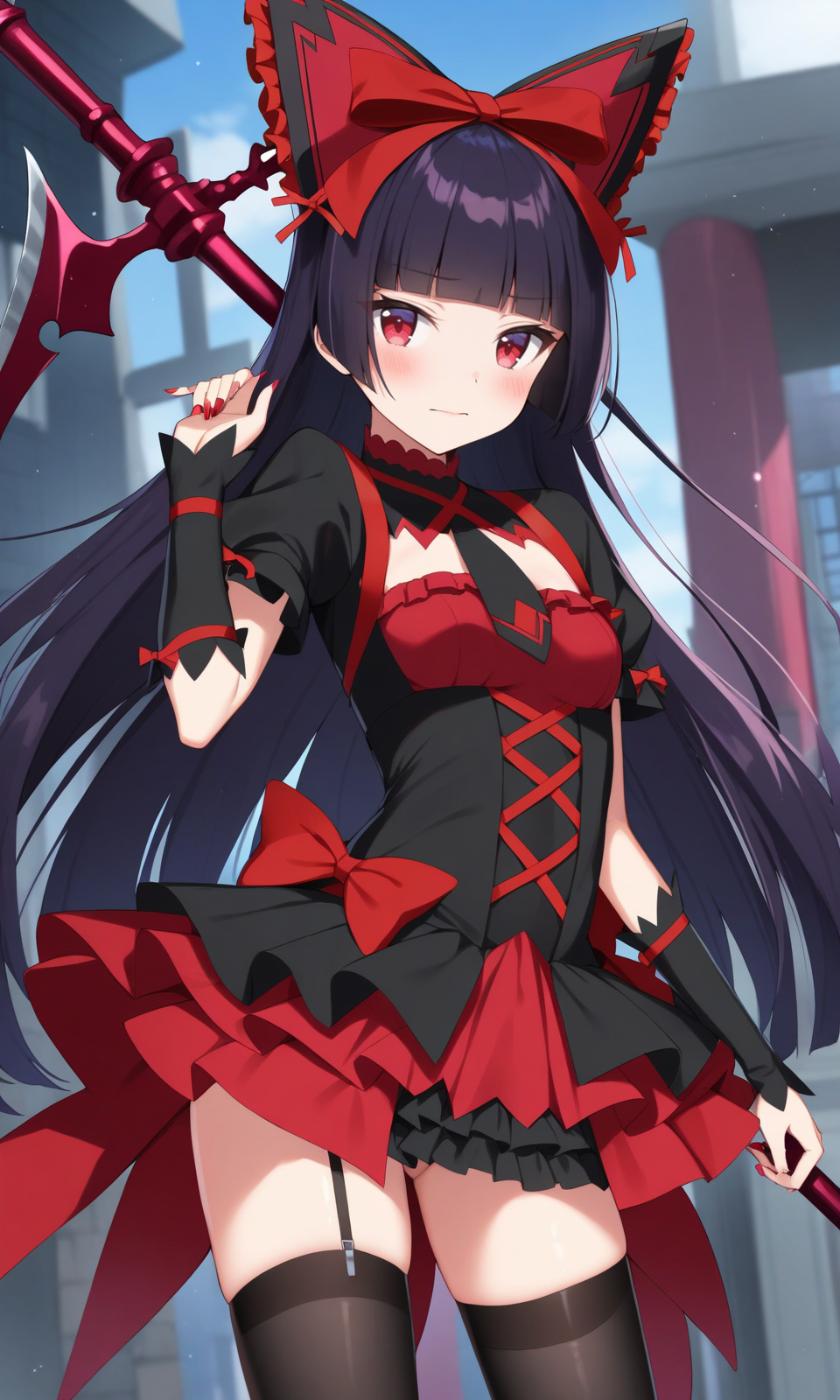 1girl, rorymercury, 1girl, black dress, black hair, black thighhighs, blurry, blush, bow, breasts, dress, frilled dress, frills, garter straps, gate - jieitai ka no chi nite kaku tatakaeri, gothic, hair bow, hair ornament, hair ribbon, halberd, highres, hime cut, long hair, looking at viewer, medium breasts, polearm, red dress, red eyes, ribbon, rory mercury, solo, thighhighs, two-tone dress, weapon,
masterpiece, best quality, very aesthetic, absurdres, 
<lora:RoryMercury_xl:1>