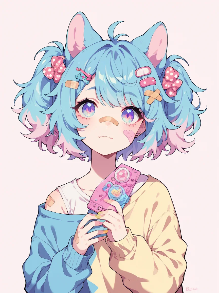 score_9, score_8_up, score_7_up, score_6_up, <lora:p4st3lg0r3XLP:1> p4st3lg0r3, 1girl, pastel,animal ears, bandaid, hair ornament