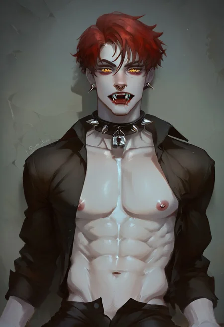 safe_pos, zPDXL2, score_9, score_8_up, score_7_up, 1boy, tnmn_yog, male focus, solo, red brown hair, yellow eyes, grayish white skin, fangs, nose ring, spiked earings, spiked black choker, gray lock, black manicure, black shirt, open shirt, slim, pectorals, abs, nipples, navel, sitting on arm chair, beckoning, gothic style, dark theme, low light, blood on fangs, vampirism, look at viewer