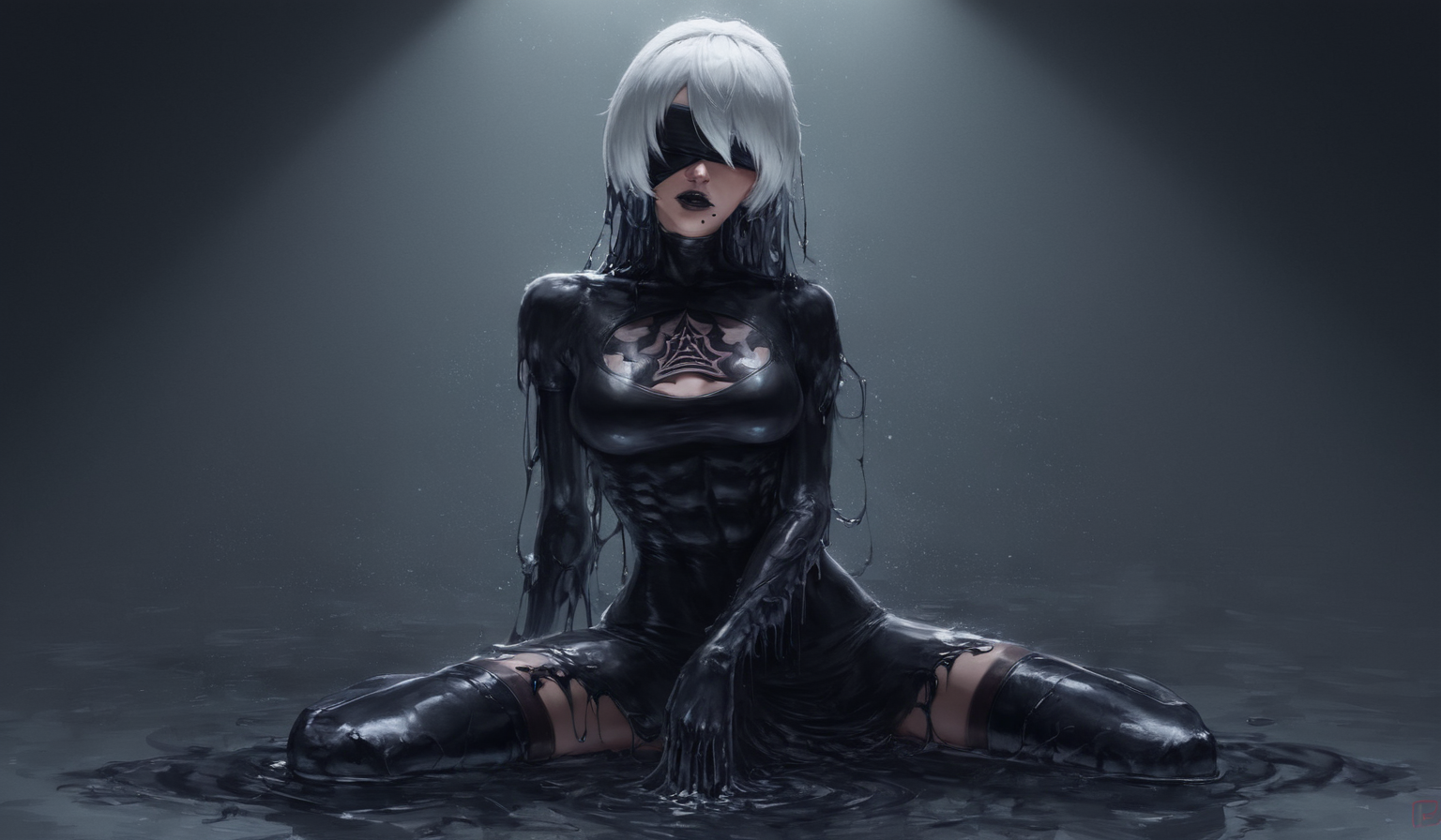 score_9, 2b wearing symbiote dress, sitting, ( venom symbiote dress:1.2), thigh high boots, (tendrils growing from dress:1.2), nier,abs, white hair, slim body,solo,black lipstick, (goo blindfold:1.3), high quality, realistic, dramatic lighting, dark room, 1 girl, portrait, <lora:Venom_0.0.1:0.6>, <lora:nier-2b-ponyxl-lora-nochekaiser:0.6>, <lora:43stl1ght1ngXLP2:0.6>,  <lora:Concept Art Twilight Style SDXL_LoRA_Pony Diffusion V6 XL:0.6>