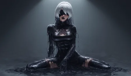 score_9, 2b wearing symbiote dress, sitting, ( venom symbiote dress:1.2), thigh high boots, (tendrils growing from dress:1.2), nier,abs, white hair, slim body,solo,black lipstick, (goo blindfold:1.3), high quality, realistic, dramatic lighting, dark room, 1 girl, portrait, <lora:Venom_0.0.1:0.6>, <lora:nier-2b-ponyxl-lora-nochekaiser:0.6>, <lora:43stl1ght1ngXLP2:0.6>, <lora:Concept Art Twilight Style SDXL_LoRA_Pony Diffusion V6 XL:0.6>