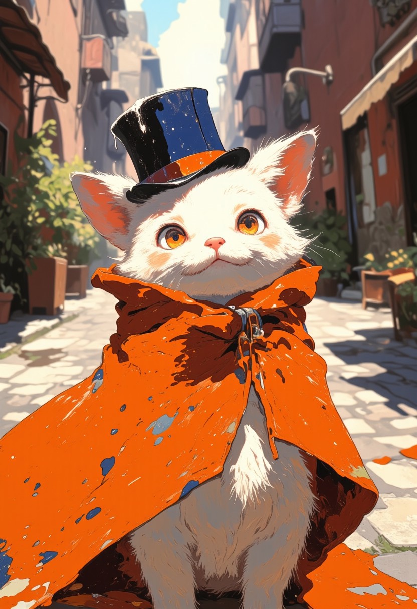 An adorable, chubby, animal-like creature with a soft white fur coat and large expressive red-orange eyes, exuding curiosity and charm. The creature wears a small, stylish top hat in navy blue with a white band, adding a touch of elegance. Draped in an oversized, bright orange cape with folds that ripple gently, the character's expression is lively and playful, with its mouth open as if in mid-conversation or excitement. The background showcases a sunlit cobblestone path, blurred for depth, emphasizing the creature's dynamic personality and whimsical appearance.