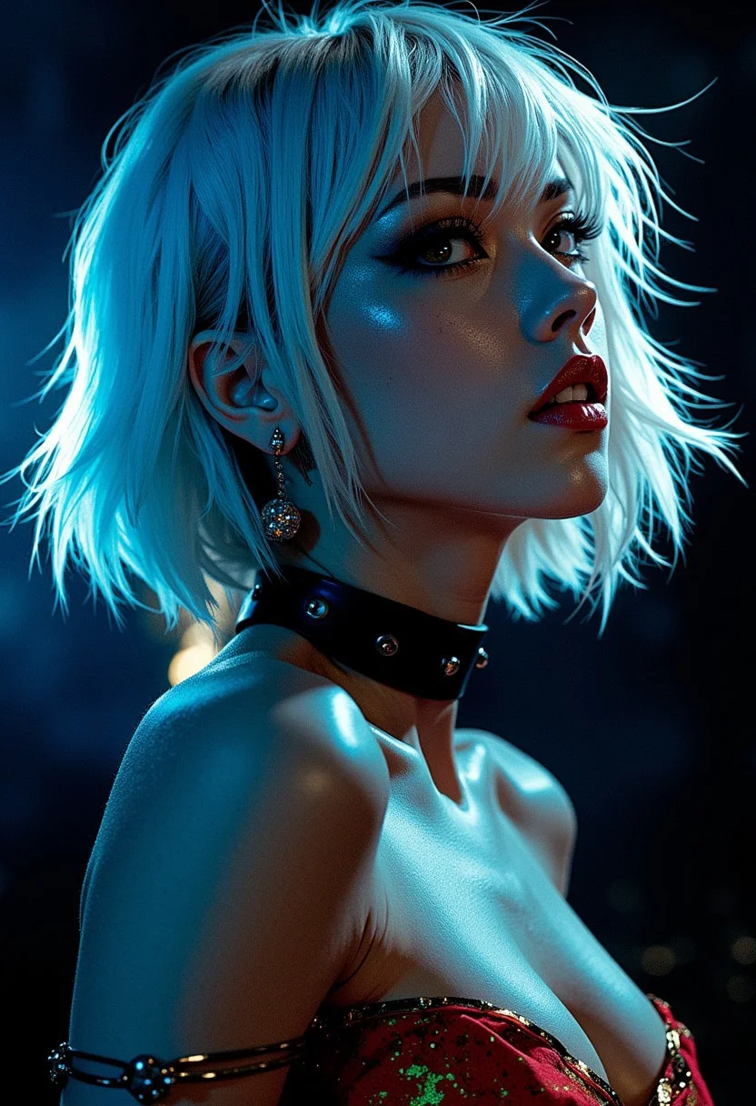 a femme fatale Japanese woman, platinum shaggy bobbed hair, sidelocks, bangs, earrings, dark eyeshadow, bright crimson lips, choker, extreme closeup side portrait, seductive, lustful, sultry, obedience collar, thin red and gold top, silhouetted, chiascuro, bokeh, professional photography, dark background, directional blue lighting