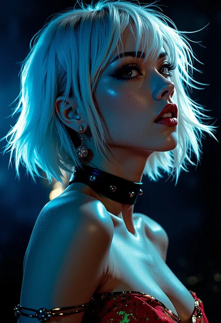 a femme fatale Japanese woman, platinum shaggy bobbed hair, sidelocks, bangs, earrings, dark eyeshadow, bright crimson lips, choker, extreme closeup side portrait, seductive, lustful, sultry, obedience collar, thin red and gold top, silhouetted, chiascuro, bokeh, professional photography, dark background, directional blue lighting