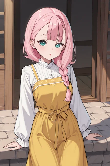 masterpiece, best quality, very aesthetic, newest, absurdres, highres,
1girl, solo,
blue hair, long hair, single braid, looking at viewer, :o,
<lora:SarafanIllustriousV1:1> sarafan, long sleeves, yellow dress, traditional clothes, white shirt,
 <lora:KamikiMikamiIllustriousV1:1> kamikimikami, blunt bangs, asymmetrical bangs, center-flap bangs, long hair, pink hair, aqua eyes, outdoors,