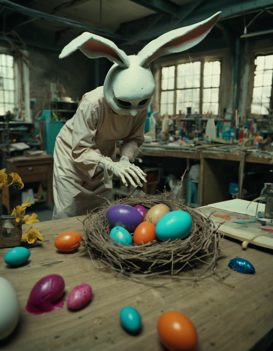 Masterpiece (wide angle shot) , scary Easterbunny crafting an incantation, (creating a little colorful magic egg in a nest:1.6), standing on an old carved table in a colorful factory laboratory. fantastic view. creepy and unsettling kids tv show  <lora:UNSTL_KIDS_TV_v2:1>
