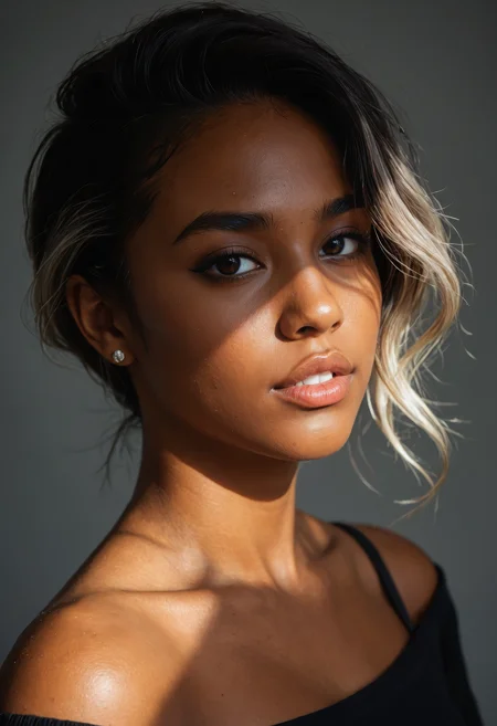 score_9, score_8_up, score_7_up, award-winning masterpiece, RAW editorial photo, dark-skinned African-American woman, solo portrait in a dark cinematic fine-art style, cropped off-the-shoulder black top, parted lips, relaxed yet intense expression, high-quality image, ultra-detailed realism, dramatic lighting casting soft shadows, contours emphasized on face and body, rich fabric textures, moody atmosphere, soft highlights blended with deep shadows, timeless fine-art portrait mood, cinematic precision and depth