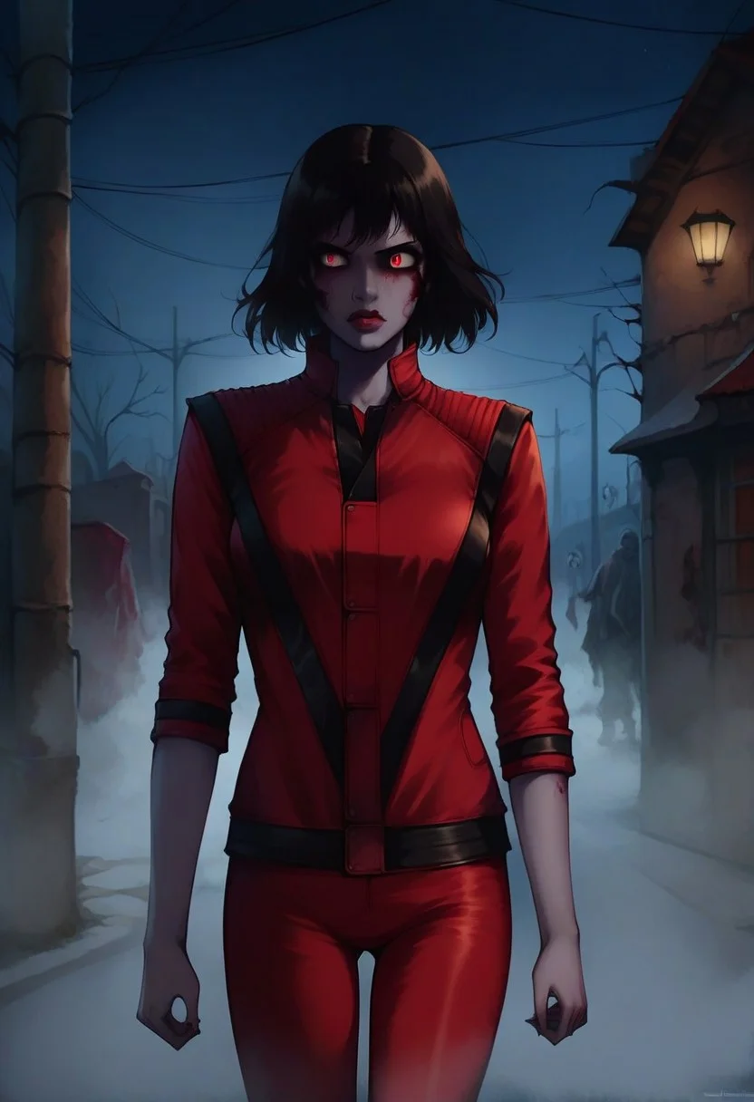 score_9, score_8_up, score_7_up, detailed face, leather jacket, red jacket, red pants, 1girl, solo, thr1llerz, street, night, zombie, walk, cowboy shot, grey skin, black hair, short hair, sinozick style, flat color, dark theme, rolled sleeves, ghost pose,