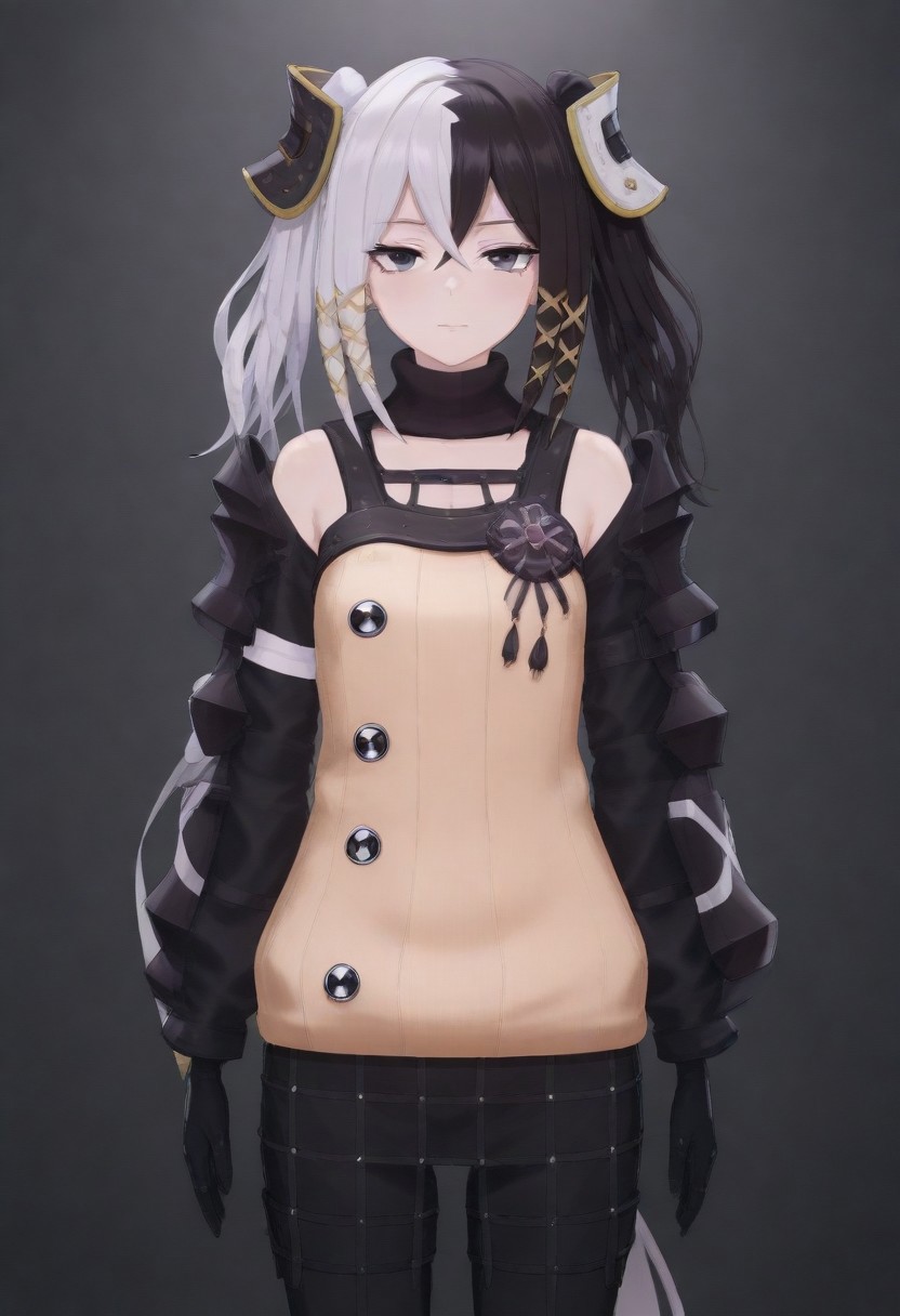masterpiece, best quality, amazing quality,,, shiny skin,,,,,,<lora:Zesshi_Zetsumei:1> Z3ssh1Z3ts0m31, white hair, multicolored hair, black hair, long hair, two-tone hair, black eyes, gloves, jewelry, black gloves, hair ornament, skirt, pantyhose, ribbon,